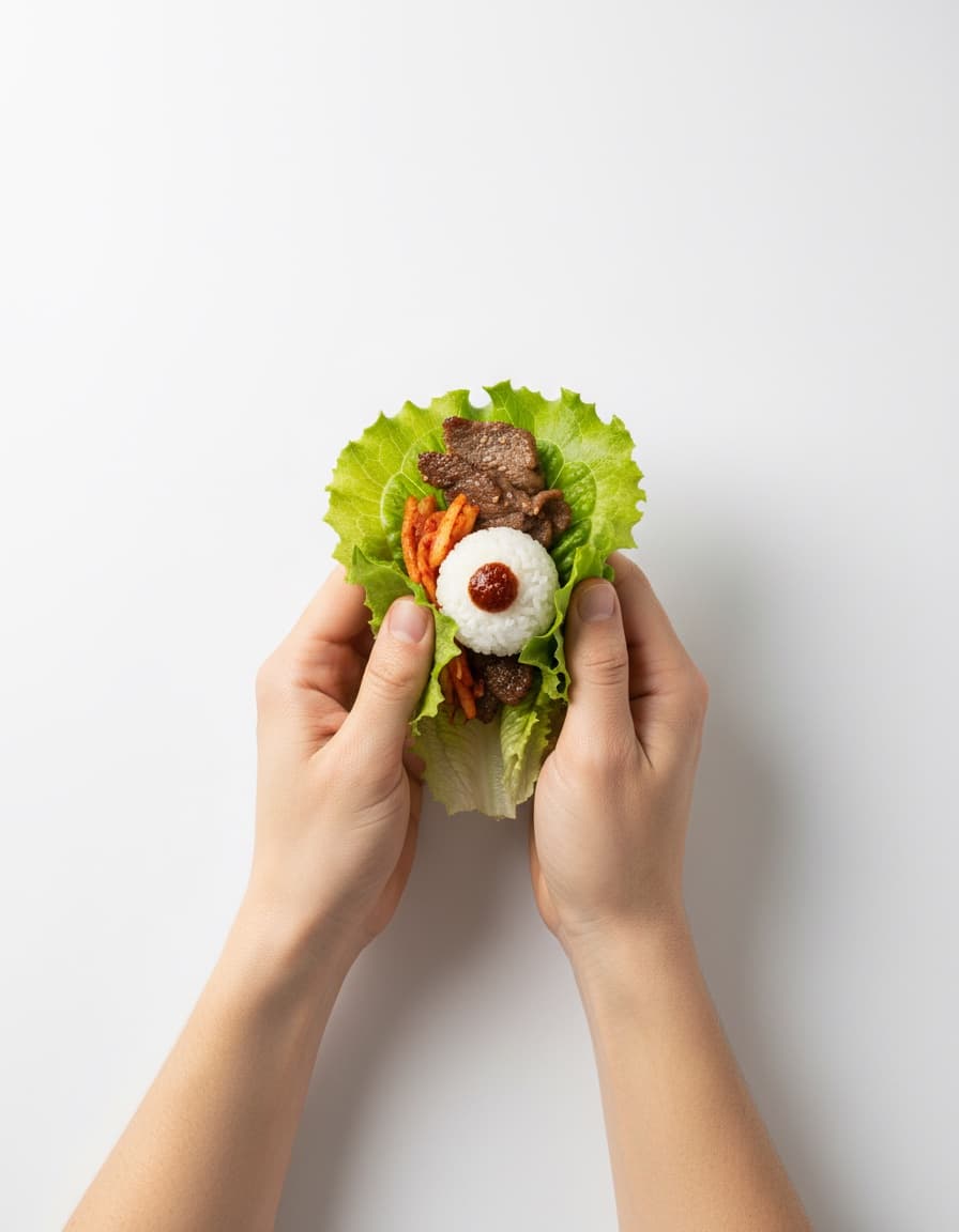 Hands folding a lettuce leaf around grilled bulgogi and rice
